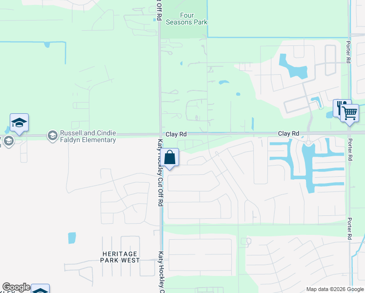map of restaurants, bars, coffee shops, grocery stores, and more near 24737-24995 Clay Road in Katy