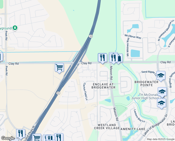map of restaurants, bars, coffee shops, grocery stores, and more near 21919 Clay Road in Katy