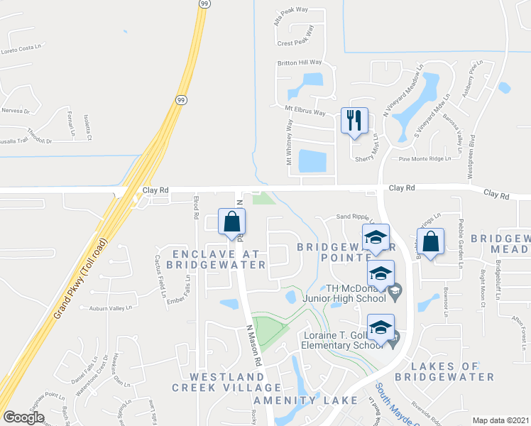 map of restaurants, bars, coffee shops, grocery stores, and more near 21634 Shoal Ridge Court in Katy