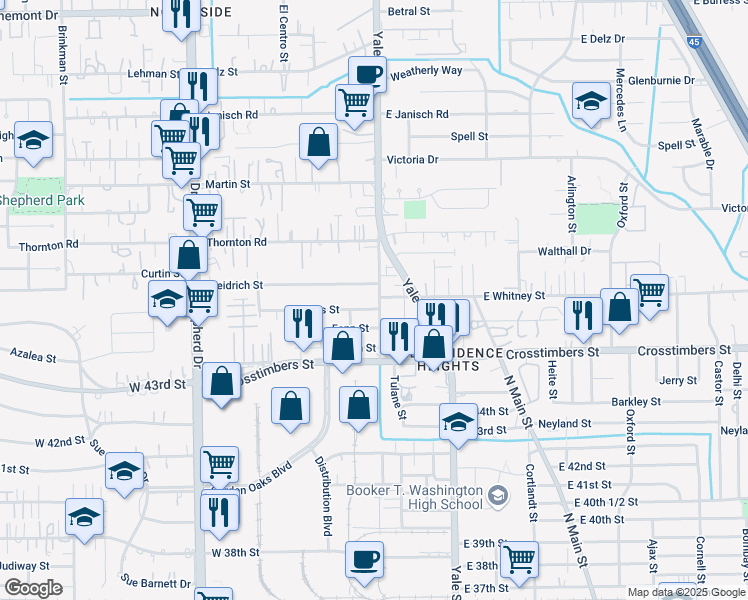 map of restaurants, bars, coffee shops, grocery stores, and more near 4429 Old Yale Street in Houston
