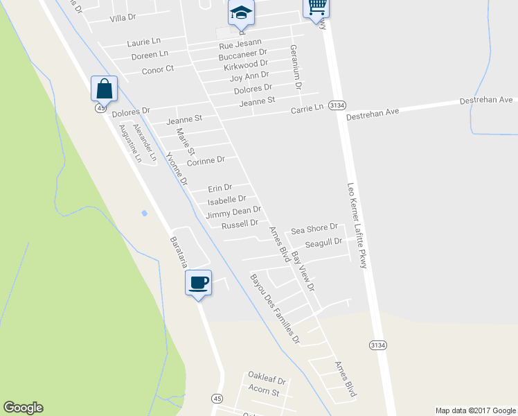 map of restaurants, bars, coffee shops, grocery stores, and more near 2704 Jimmy Dean Drive in Marrero