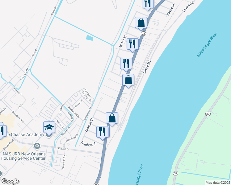 map of restaurants, bars, coffee shops, grocery stores, and more near 105 Yorke Street in Belle Chasse