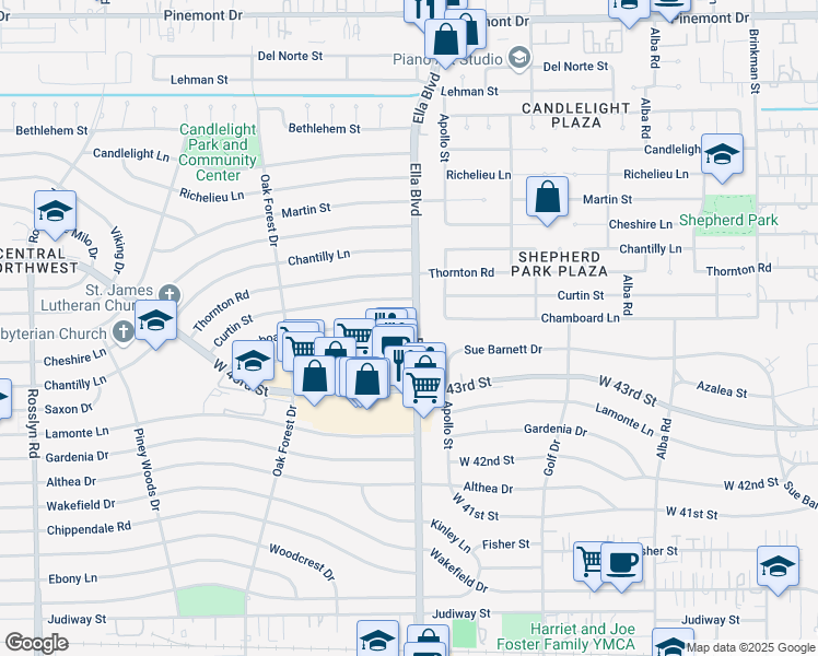 map of restaurants, bars, coffee shops, grocery stores, and more near 4415 Ella Boulevard in Houston