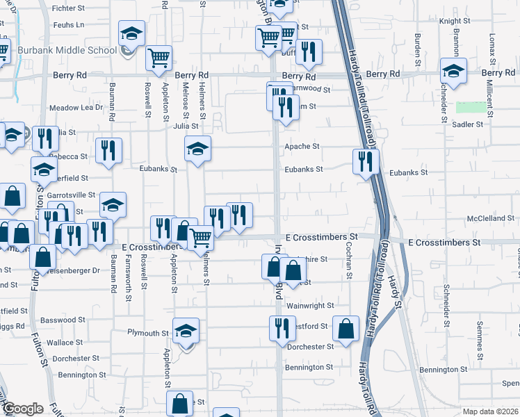 map of restaurants, bars, coffee shops, grocery stores, and more near 725 Caperton Street in Houston