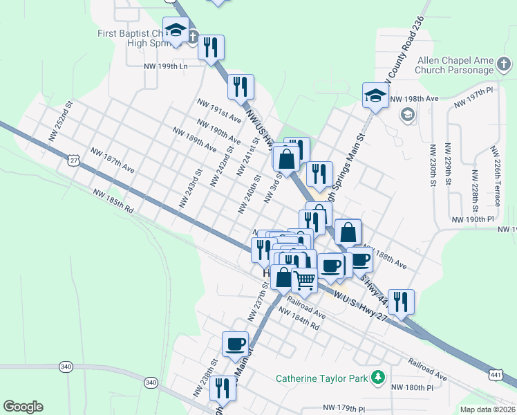 map of restaurants, bars, coffee shops, grocery stores, and more near 23922 Northwest 187th Road in High Springs