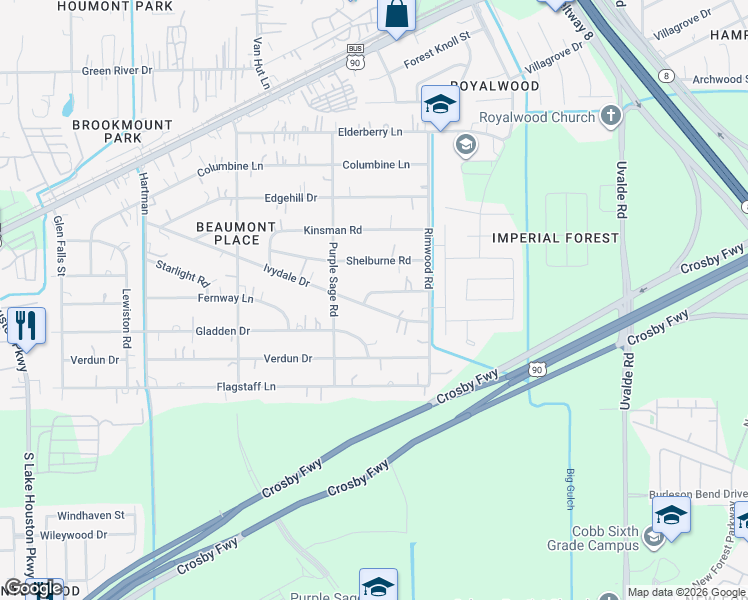 map of restaurants, bars, coffee shops, grocery stores, and more near 13307 Ivydale Drive in Houston