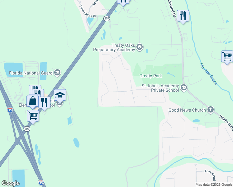 map of restaurants, bars, coffee shops, grocery stores, and more near 214 Sandstone Drive in St. Augustine