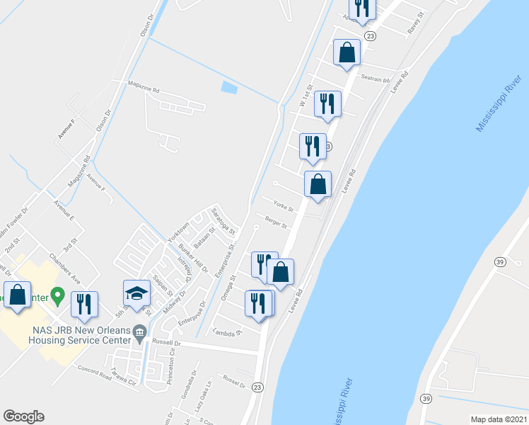 map of restaurants, bars, coffee shops, grocery stores, and more near 120 Berger Street in Belle Chasse