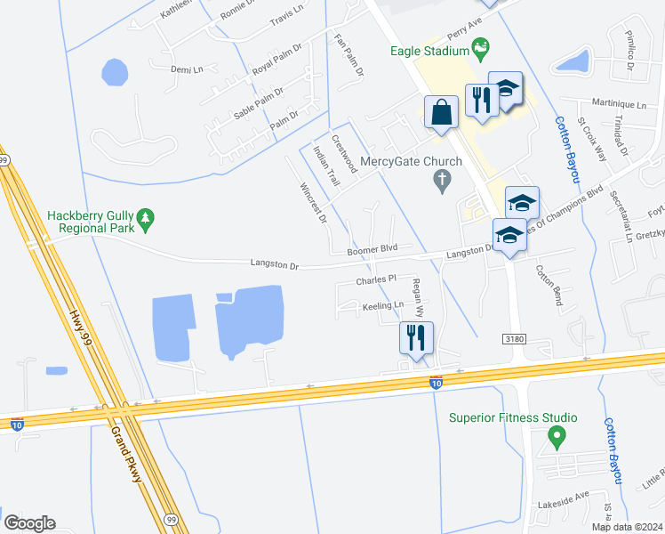 map of restaurants, bars, coffee shops, grocery stores, and more near 9522 Wincrest Drive in Mont Belvieu
