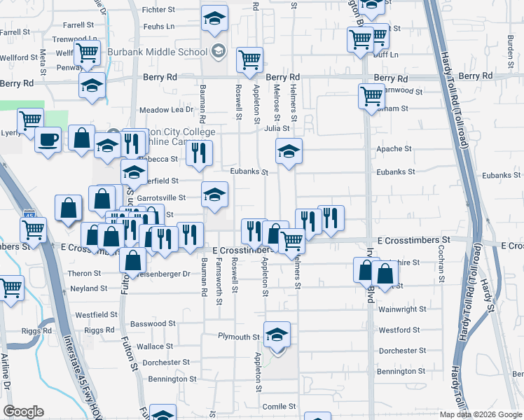 map of restaurants, bars, coffee shops, grocery stores, and more near 418 Palmyra Street in Houston