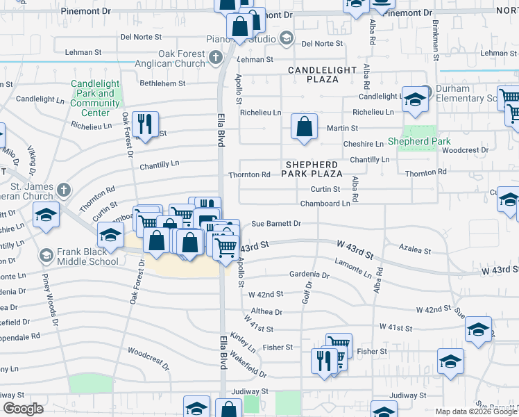 map of restaurants, bars, coffee shops, grocery stores, and more near 1163 Chamboard Lane in Houston
