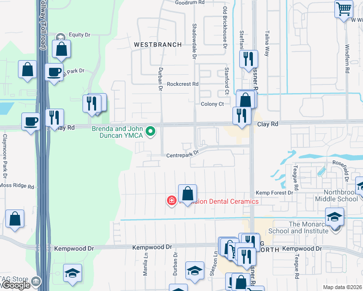 map of restaurants, bars, coffee shops, grocery stores, and more near 4109 Tranquil Square Road in Houston