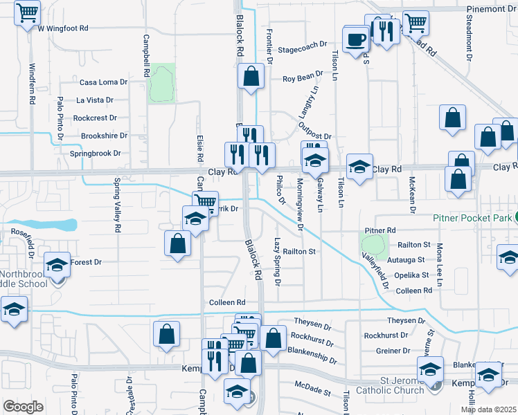 map of restaurants, bars, coffee shops, grocery stores, and more near 9330 Derrik Drive in Houston