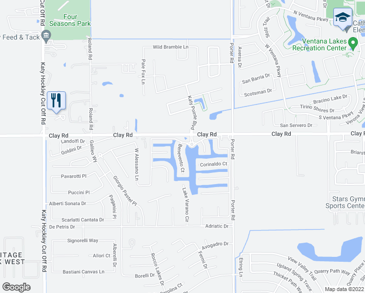 map of restaurants, bars, coffee shops, grocery stores, and more near 3922 Benevento Court in Katy