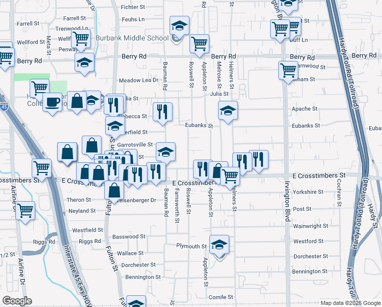 map of restaurants, bars, coffee shops, grocery stores, and more near 402 Palmyra Street in Houston