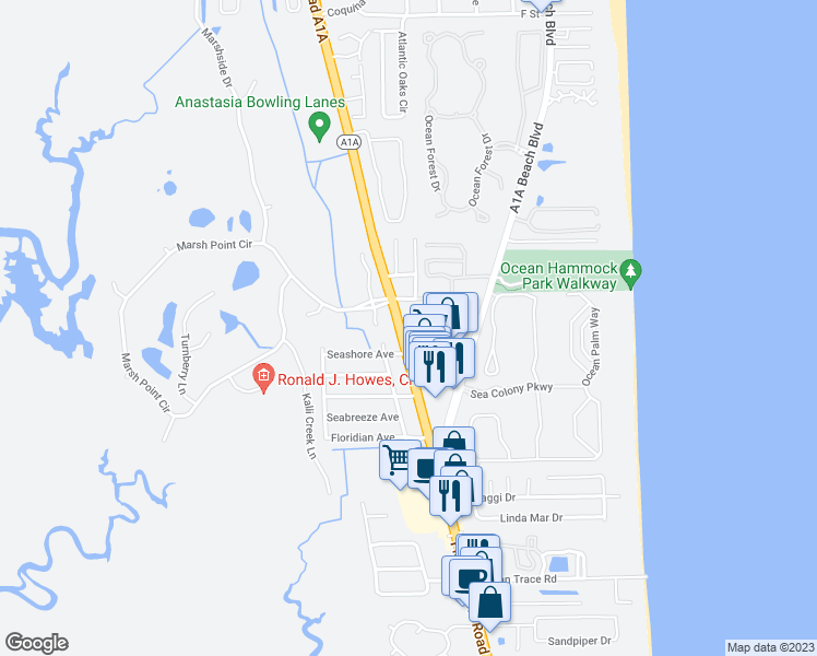 map of restaurants, bars, coffee shops, grocery stores, and more near 3570 A1A Scenic and Historic Coastal Byway in St. Augustine Beach