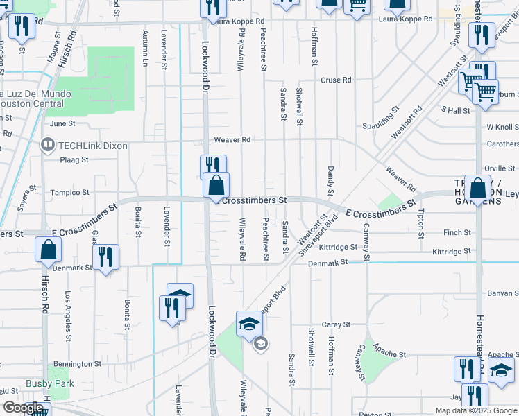 map of restaurants, bars, coffee shops, grocery stores, and more near 7717 Peachtree Street in Houston