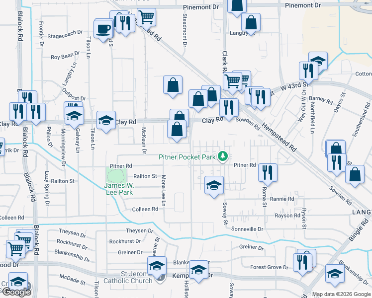 map of restaurants, bars, coffee shops, grocery stores, and more near 4075 Hollister Road in Houston
