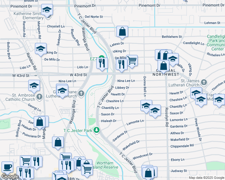 map of restaurants, bars, coffee shops, grocery stores, and more near 4262 T C Jester Boulevard in Houston