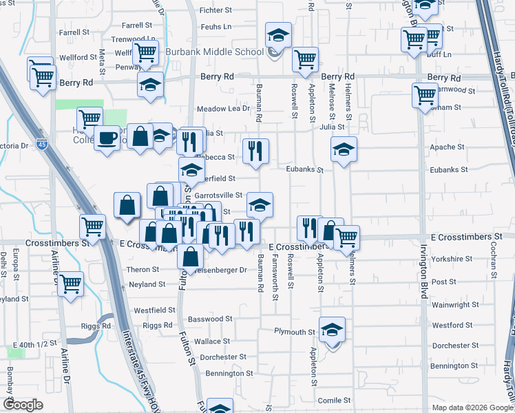 map of restaurants, bars, coffee shops, grocery stores, and more near 255 Palmyra Street in Houston