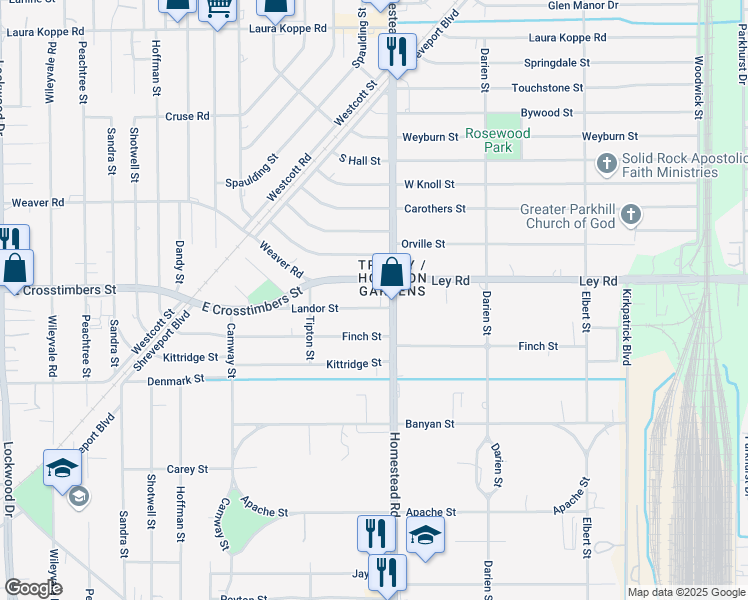 map of restaurants, bars, coffee shops, grocery stores, and more near 7501 Homestead Road in Houston