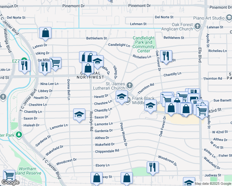 map of restaurants, bars, coffee shops, grocery stores, and more near 1595 Hewitt Drive in Houston