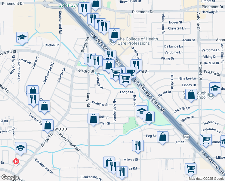 map of restaurants, bars, coffee shops, grocery stores, and more near 4200 Lockfield Street in Houston
