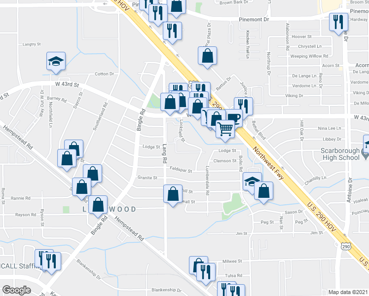 map of restaurants, bars, coffee shops, grocery stores, and more near 4200 Lockfield Street in Houston