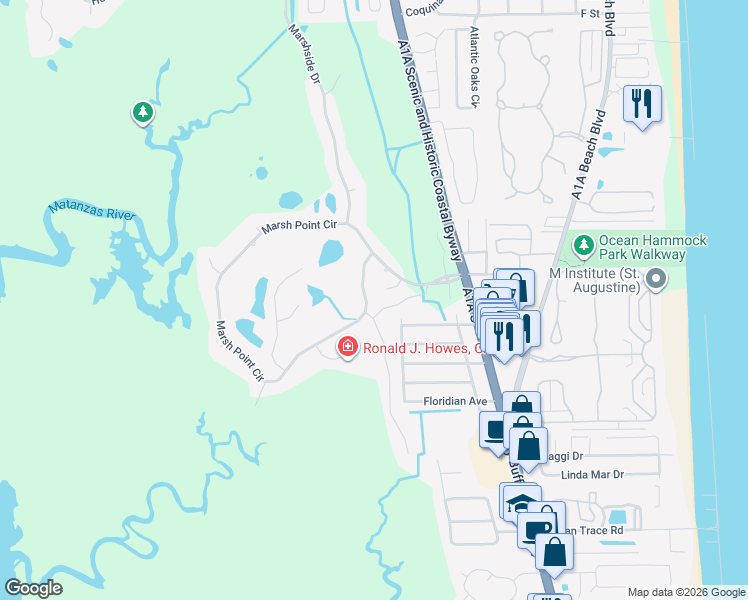 map of restaurants, bars, coffee shops, grocery stores, and more near 428 Marsh Point Circle in St. Augustine