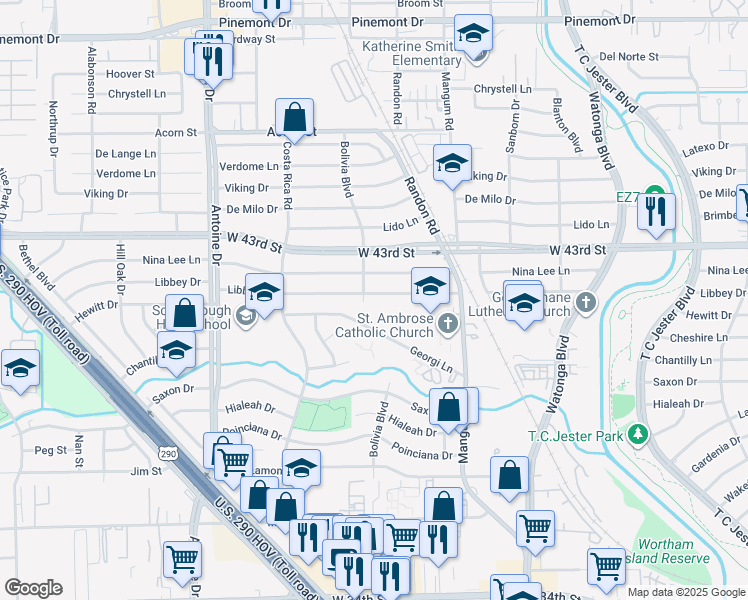 map of restaurants, bars, coffee shops, grocery stores, and more near 5029 Libbey Drive in Houston