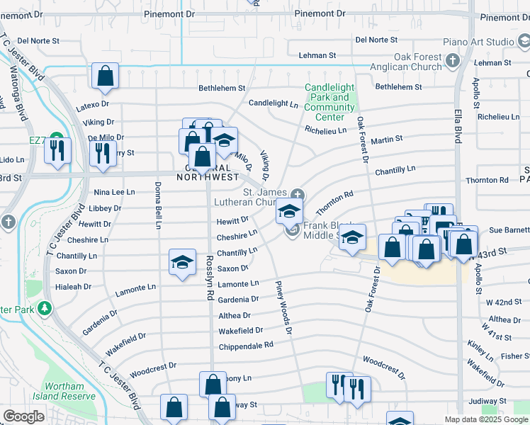 map of restaurants, bars, coffee shops, grocery stores, and more near 1595 Hewitt Drive in Houston