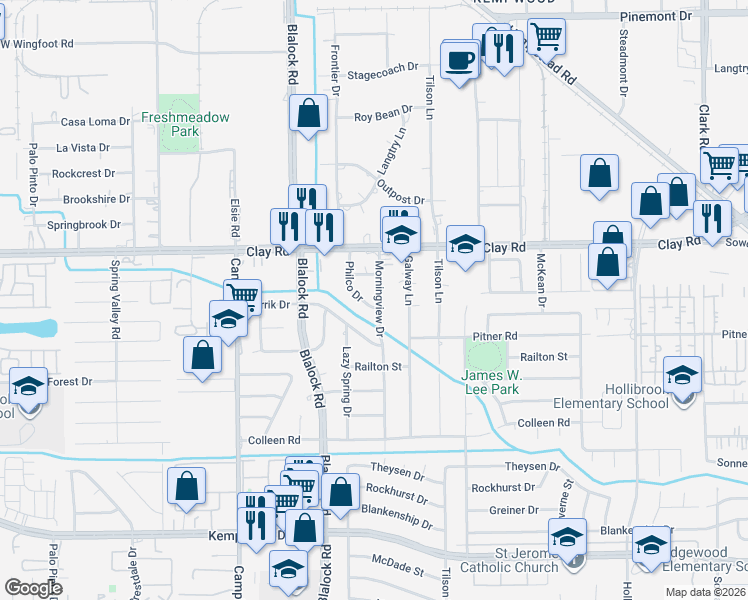 map of restaurants, bars, coffee shops, grocery stores, and more near 4102 Morningview Drive in Houston