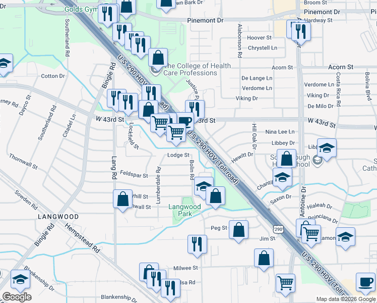 map of restaurants, bars, coffee shops, grocery stores, and more near 6310 Lodge Street in Houston
