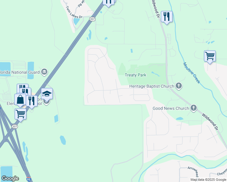 map of restaurants, bars, coffee shops, grocery stores, and more near 314 Sandstone Drive in St. Augustine