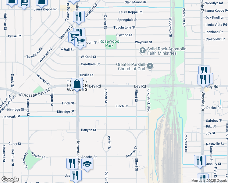 map of restaurants, bars, coffee shops, grocery stores, and more near 7320 Ley Road in Houston