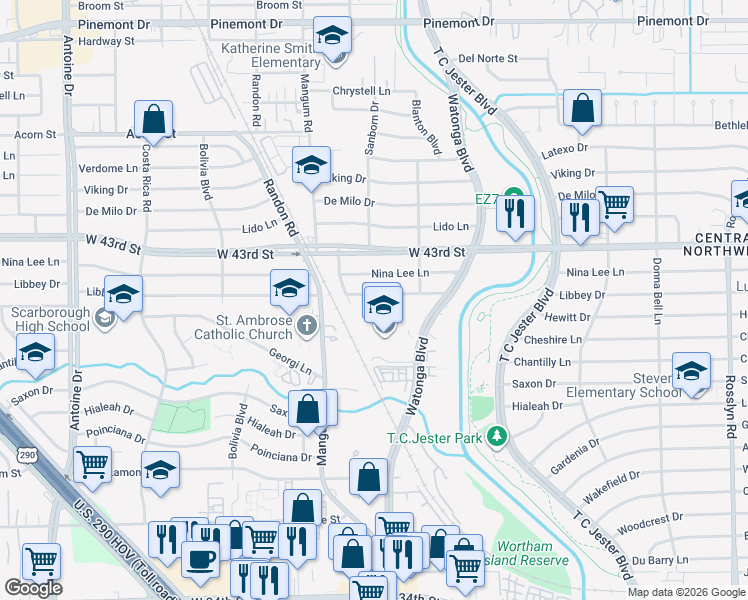 map of restaurants, bars, coffee shops, grocery stores, and more near 4621 Libbey Drive in Houston