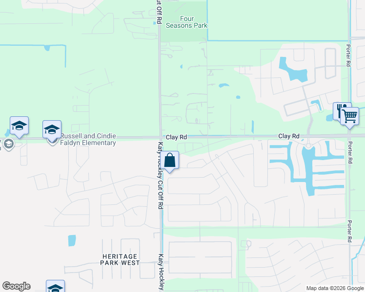 map of restaurants, bars, coffee shops, grocery stores, and more near 24737-24995 Clay Road in Katy