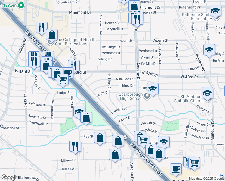 map of restaurants, bars, coffee shops, grocery stores, and more near 5718 Hewitt Drive in Houston