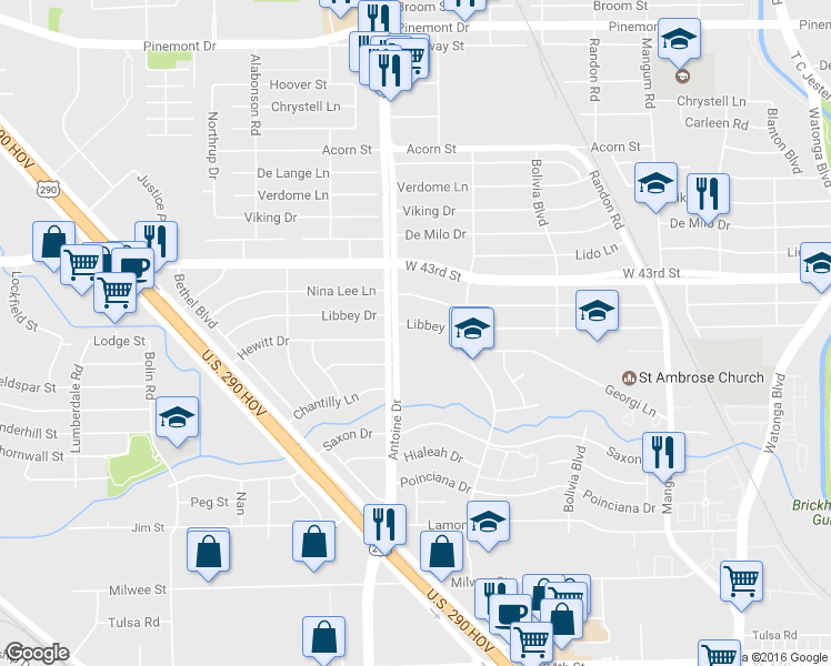 map of restaurants, bars, coffee shops, grocery stores, and more near 5409 Libbey Drive in Houston
