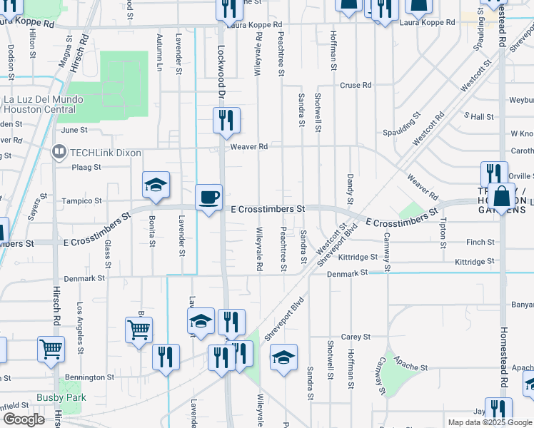 map of restaurants, bars, coffee shops, grocery stores, and more near 7717 Peachtree Street in Houston