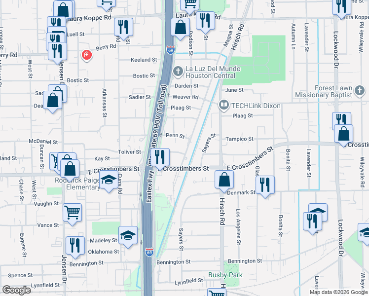 map of restaurants, bars, coffee shops, grocery stores, and more near 3611 Toliver Street in Houston