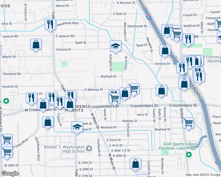 map of restaurants, bars, coffee shops, grocery stores, and more near 447 East Whitney Street in Houston