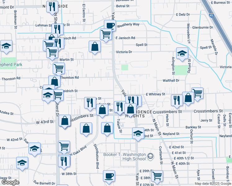 map of restaurants, bars, coffee shops, grocery stores, and more near 4429 Old Yale Street in Houston