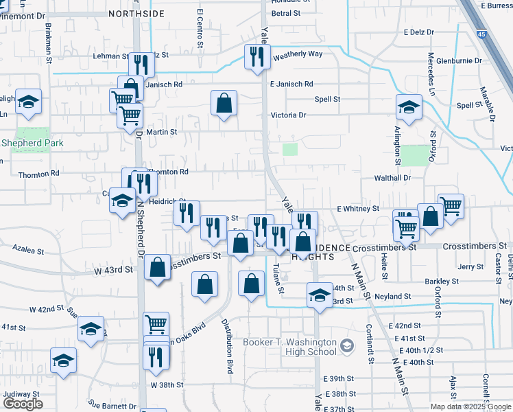 map of restaurants, bars, coffee shops, grocery stores, and more near 4429 Old Yale Street in Houston