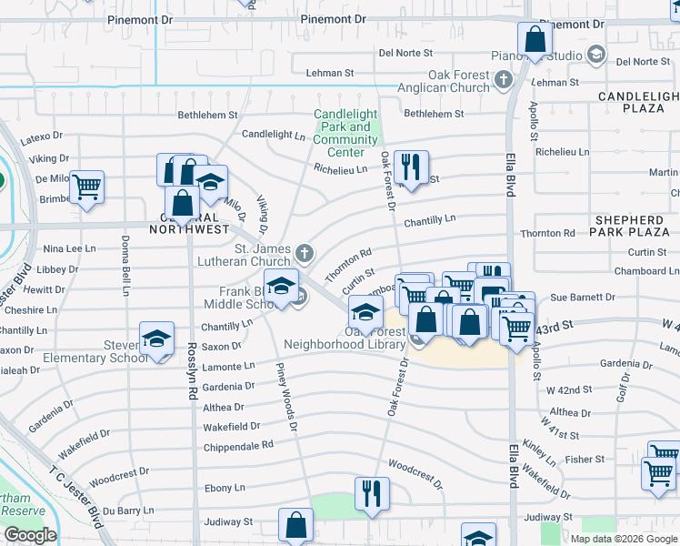 map of restaurants, bars, coffee shops, grocery stores, and more near 1450 Curtin Street in Houston