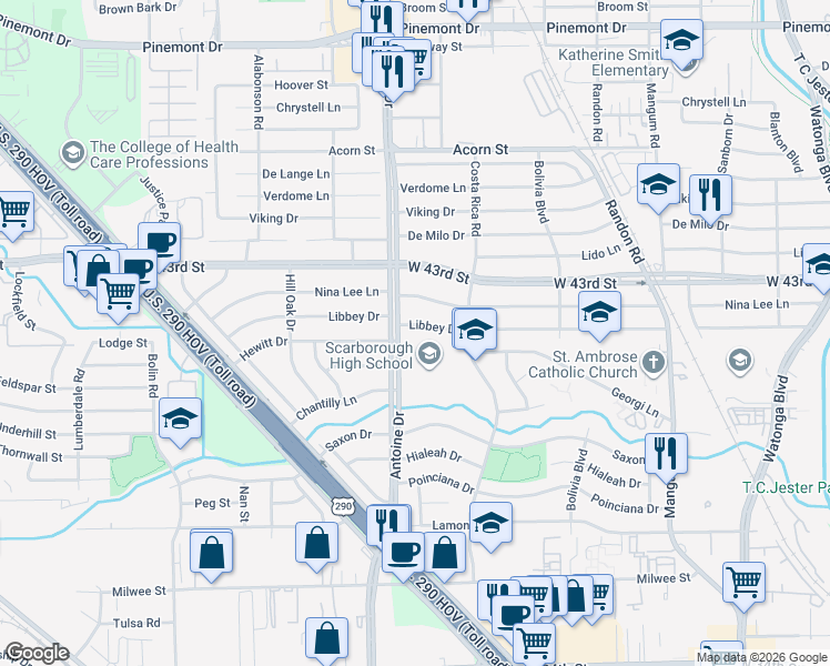 map of restaurants, bars, coffee shops, grocery stores, and more near 5409 Libbey Drive in Houston