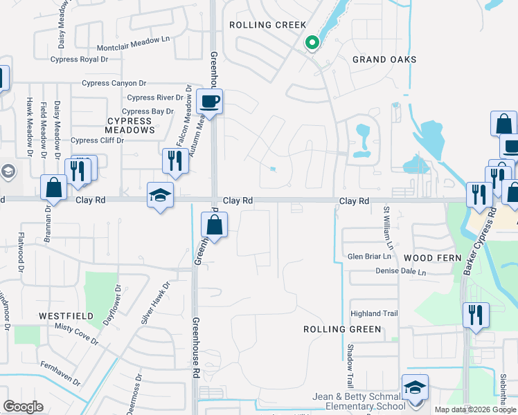 map of restaurants, bars, coffee shops, grocery stores, and more near 19218 Clay Road in Katy