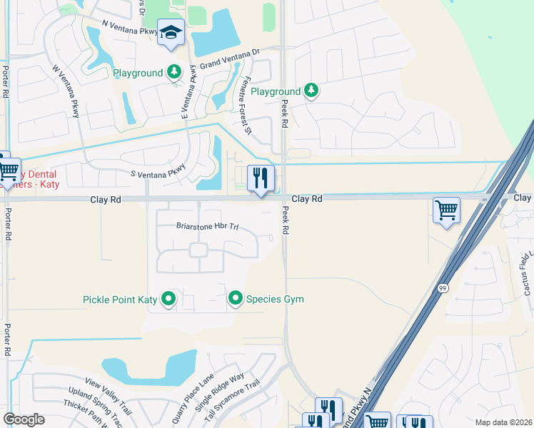 map of restaurants, bars, coffee shops, grocery stores, and more near 23053 Clay Road in Katy