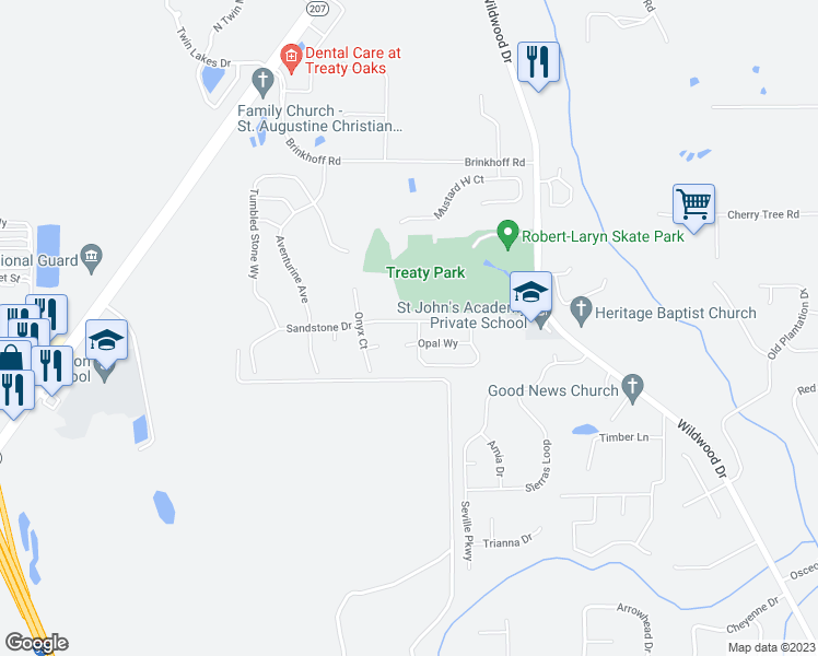 map of restaurants, bars, coffee shops, grocery stores, and more near 460 Sandstone Drive in St. Augustine