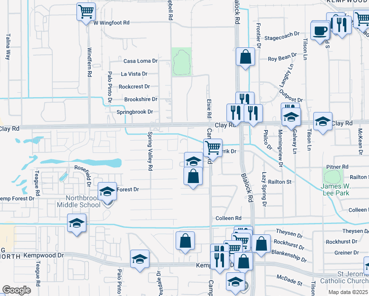 map of restaurants, bars, coffee shops, grocery stores, and more near 4023 Clarblak Lane in Houston